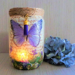Butterfly Decoupage Jar Light: Handmade Lilac Butterfly Candle Holder