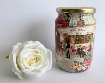 Coffee Jar, Paris Cafe, Storage Jar, decorative decoupage glass jar with gold lid, tea and coffee container, kitchen decoration