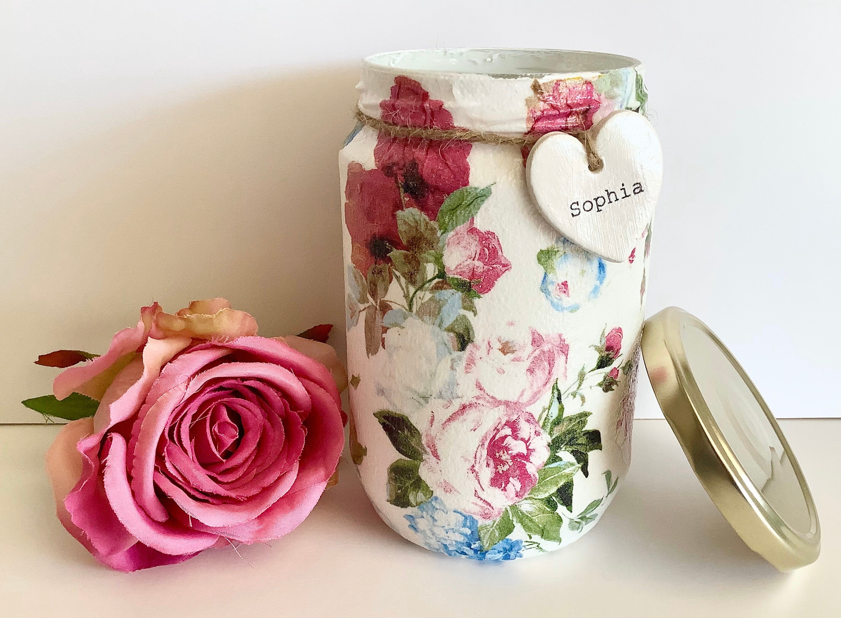 Vintage rose jar with lid and personal name tag glass holder Etsy