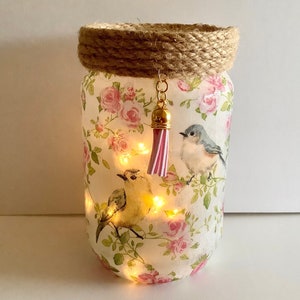 Birds and Roses Jar with Lights - Upcycled glass jar with sweet little birds and pink roses decoupage - Pretty Home Decoration
