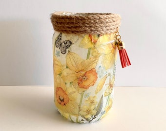 Daffodils Glass Light, decoupage jar candle holder, Joyful gifts, Spring Decor, Easter table decoration, Yellow vase, upcycled glass jar