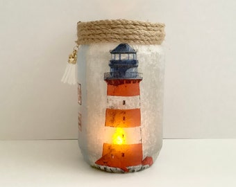 Lighthouse Light Jar, Glass Lantern with decoupage