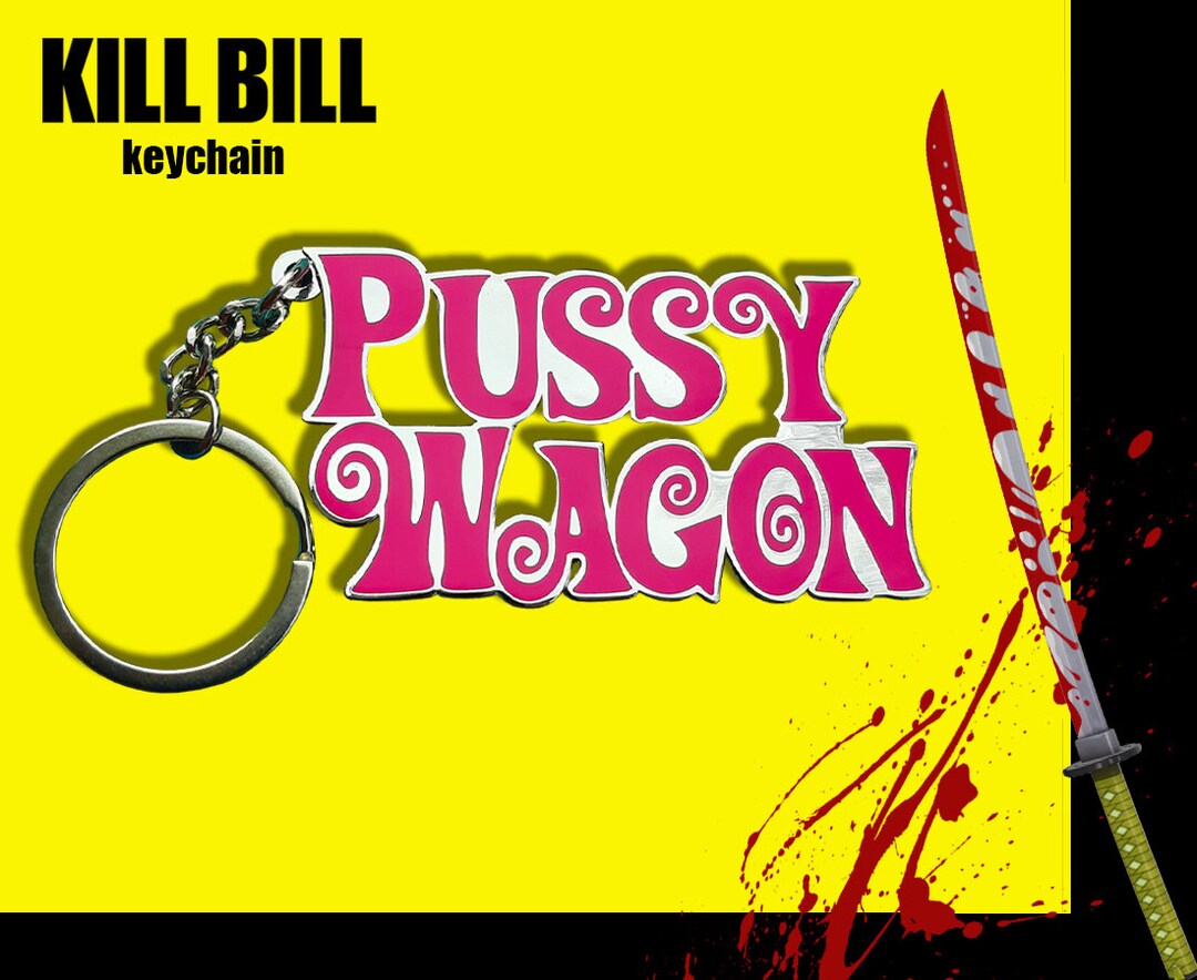 thumbnail image 2 of Kill Bill 'Pussy Wagon' Zinc Alloy Keychain - Pink Lettering, Rectangle Key Ring, Movie Gift 2 of 6