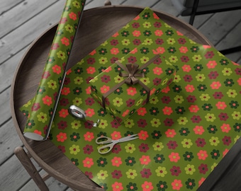 Wrapping Papers, Retro Floral Bright Red and Chartreuse Green Holiday Gift Wrap, Vintage Gift Wrap, Festive Wrapping Paper, Groovy Christmas