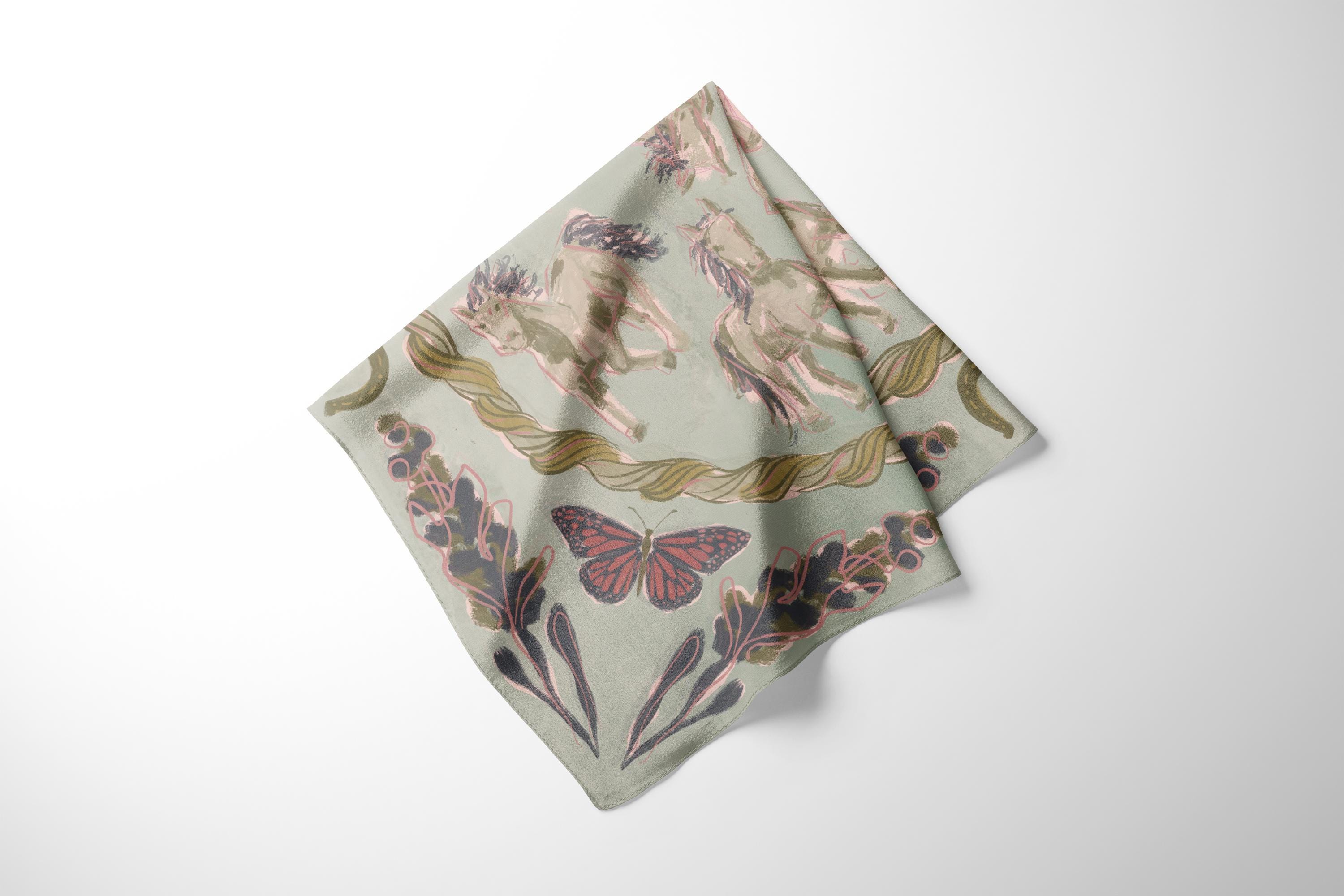 The Mary Silk Scarf in Cactus  - Wild Horses, Bluebonnets, Butterflies, Horseshoes - Sage Green Western Square Scarf