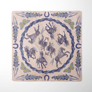 May include: A square, cream-colored bandana with a blue and gold rope design. The rope design encircles a pattern of eight horses in various poses. The bandana is decorated with butterflies and blue flowers.