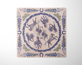 The Mary Silk Scarf in Sky - Wild Horses, Bluebonnets, Butterflies, Horseshoes - Pale Blue Western Square Scarf