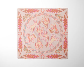 The Mary Silk Scarf in Desert Sunset- Wild Horses, Bluebonnets, Butterflies, Horseshoes - Pastel Western Square Scarf in Pastel
