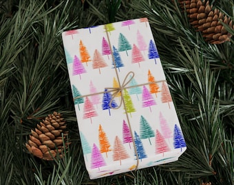 Wrapping Paper | Rainbow Color Bottle Brush Trees Christmas Gift Wrap | Festive Holiday Paper Roll | Mix and Match Giftwrap