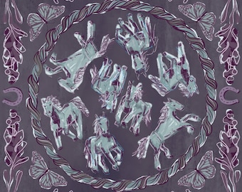 The Mary Silk Scarf in Midnight - Wild Horses, Bluebonnets, Butterflies, Horseshoes - Navy Western Square Scarf