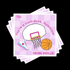 Cartes de basket-ball roses personnalisées pour la Saint-Valentin - Cartes de Saint-Valentin sportives personnalisées - Cartes de Saint-Valentin Slam Dunk - PDF imprimable