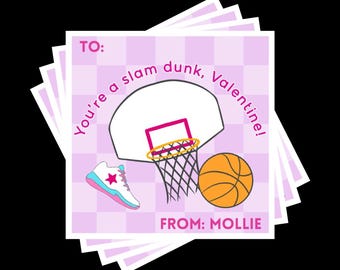 PERSONALIZED Pink Basketball Valentine Cards – Custom Sports Valentines – Slam Dunk Valentine’s Day Cards – Printable PDF
