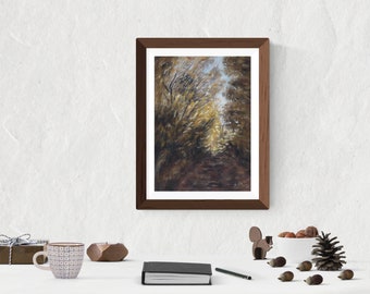 Small Landscape Wall Art | Earthy Tones Wall Decoration | Tree Landscape Original Painting | Original Pastel Art | Path In The Woods Artwork