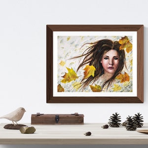 Autumn Girl Wall Art | Fall Colors Wall Decoration | Woman In The Breeze Original Painting | Autumn Leaves Artwork | Wind Of Fall Wall Art