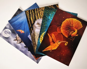 Set of 5 Postcards, one of each of my surreal animal paintings.12 x 17 cms (4.7 x 6.7 inches), glossy finish at the front, matte at the back