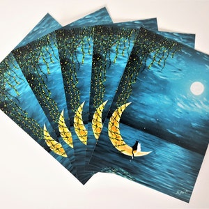 Set di 5 cartoline dello stesso disegno dalla pittura a olio mio gatto surreale "To the moon and back". 12 x 17 cm (4.7 x 6.7 inches), lucido finitura