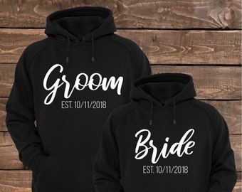 Groom and Bride Est.(Custom Date) - Matching Couple Hoodies - Couple Hoodies - Set of 2 Couple Hoodies