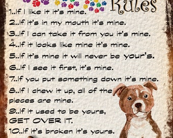 My Dog Rules Staffordshire Bull Terrier, Retro Metal Sign / Fridge Magnet/ Funny Dog Gift for dog lovers