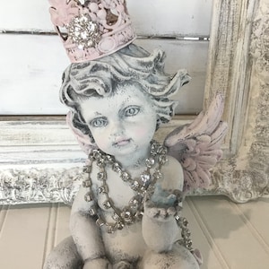 Cherub holding bird Crowned cherub Cherub with crown Winged cherub Cherub with wings Grief and mourning gift Nursery decor Home accent