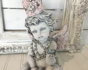 Cherub holding bird Crowned cherub Cherub with crown Winged cherub Cherub with wings Grief and mourning gift Nursery decor Home accent