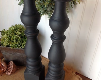 Farmhouse candle holders, Charcoal gray candle holder pair, Chunky candle holder pair, Wood candle holders, Chalk-painted candle holders