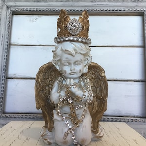 Petite cherub statue Crowned cherub statue Cherub with crown Embellished cherub statue Baptism gift Remembrance Baby shower gift