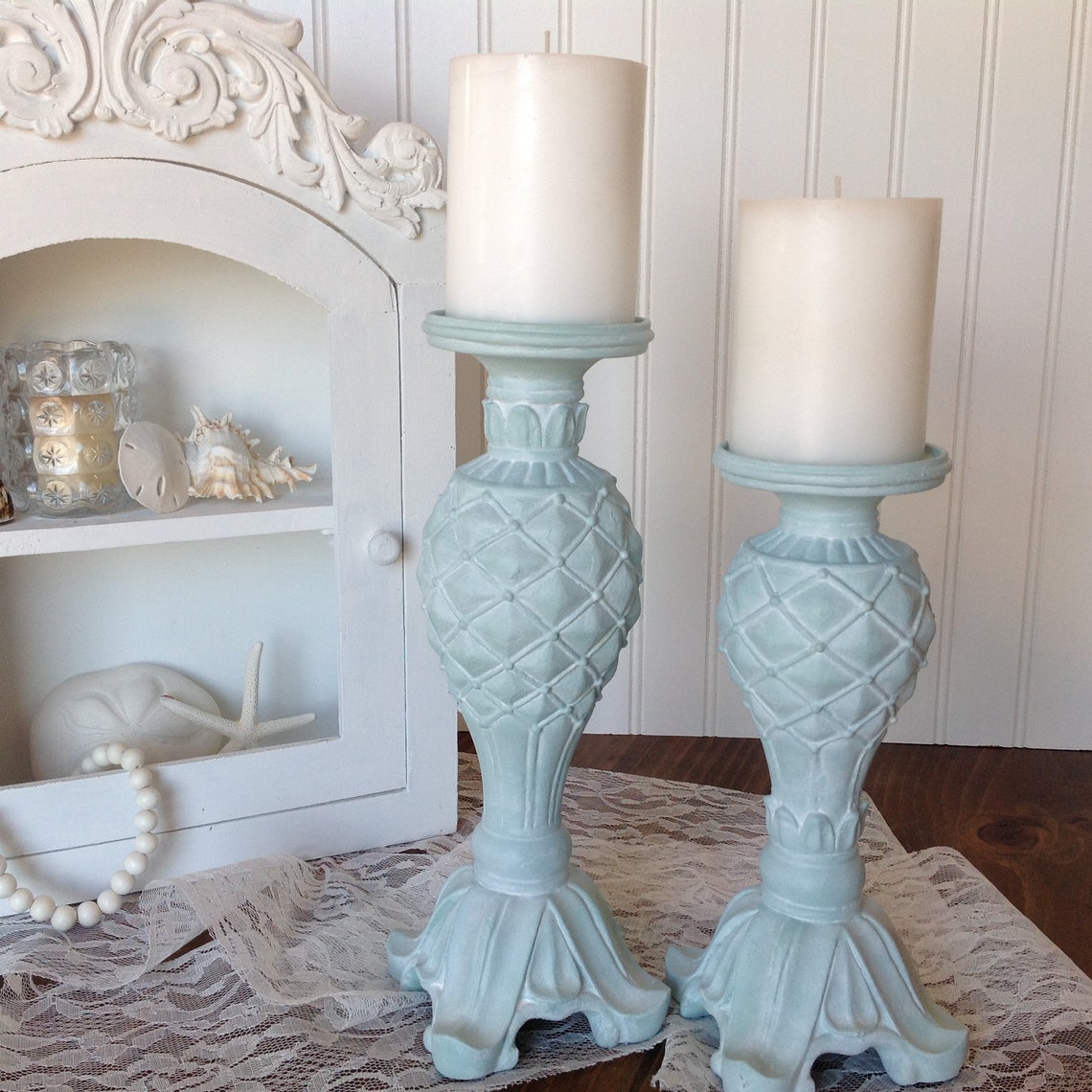 Pair of Teal Blue Candle Holders Cottage Chic Candle Holders Etsy