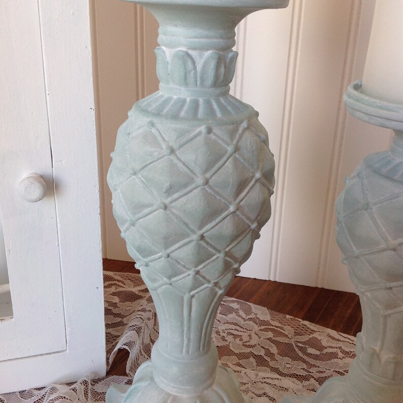 Pair of Teal Blue Candle Holders Cottage Chic Candle Holders Etsy