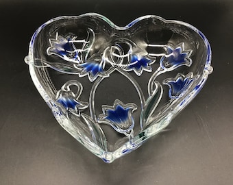 Clear Glass Heart Shaped Bowl with Frosted Blue Flowers