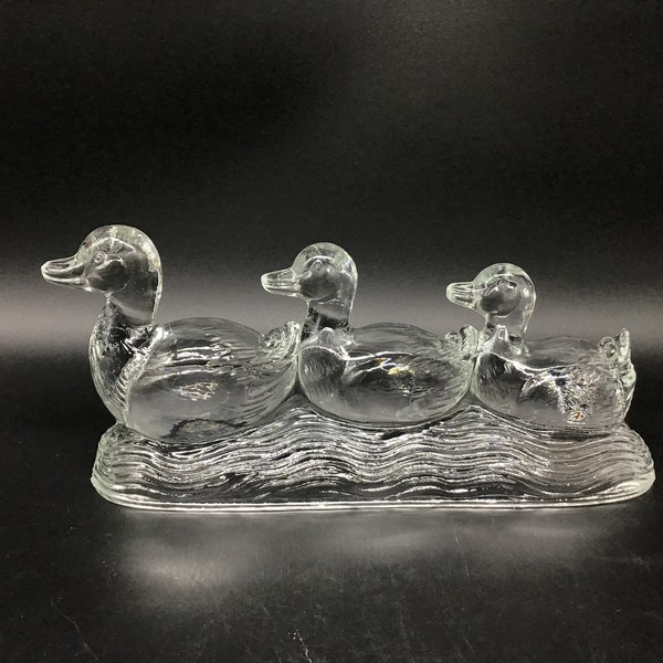 Vintage Clear Glass Three Ducks In A Row Swimming KR Haley Glassware Co