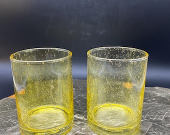Vintage Yellow Wrapped Bubble Glass Drinking Glasses - Set of 2