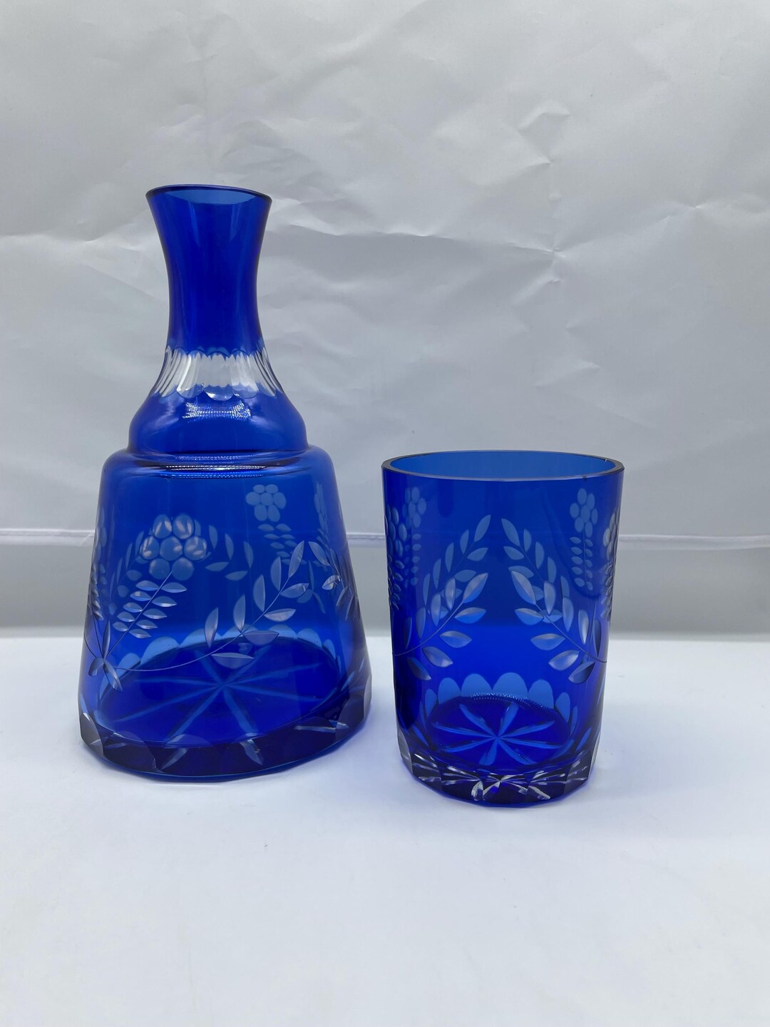 Antique Bohemian Czech Tumble Up/cobalt Blue Cut to Clear Bedside Water ...