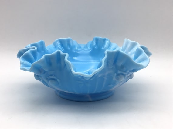 Vintage Fenton Cabbage Rose Bowl Blue Slag Glass Ruffled Edge