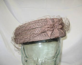 Brown Everitt Woven Pill Box Hat with Bow and netting - Circa 1950's