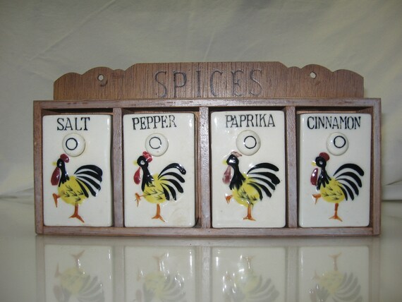 RARE 1950's Rooster Spice Rack Set-vintage Kitchen-spices-vintage