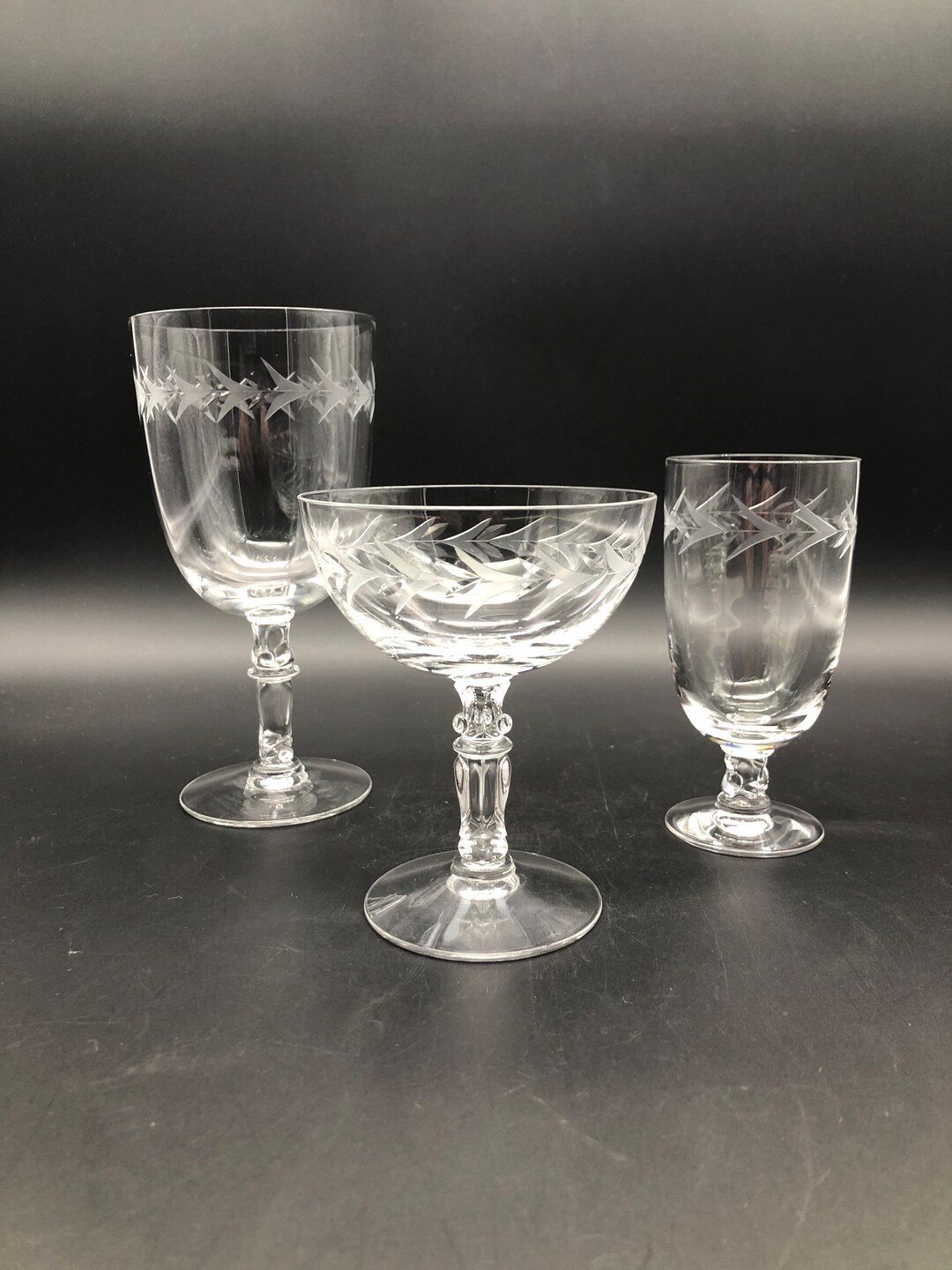Vintage Fostoria 3 Piece Stemware Set Holly Pattern Winejuicedessert