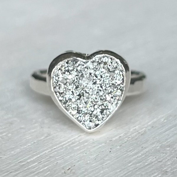 Titanium Coated Druzy Quartz Heart Ring, Ring Size 6