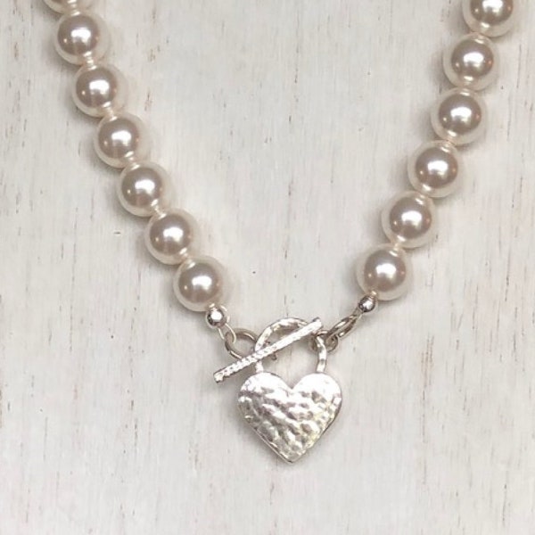 Swarovski Crystal Imitation Pearls Sterling Silver Heart Necklace