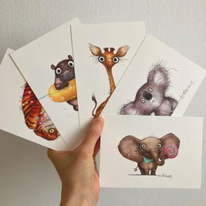 Post card set of 5 different illustrated animals in the size A6