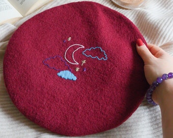 Hand-embroidered wool beret moon and cloud _ French beret _ hand-sewn beret _ embroidered hat _ witchcraft _ original gift idea