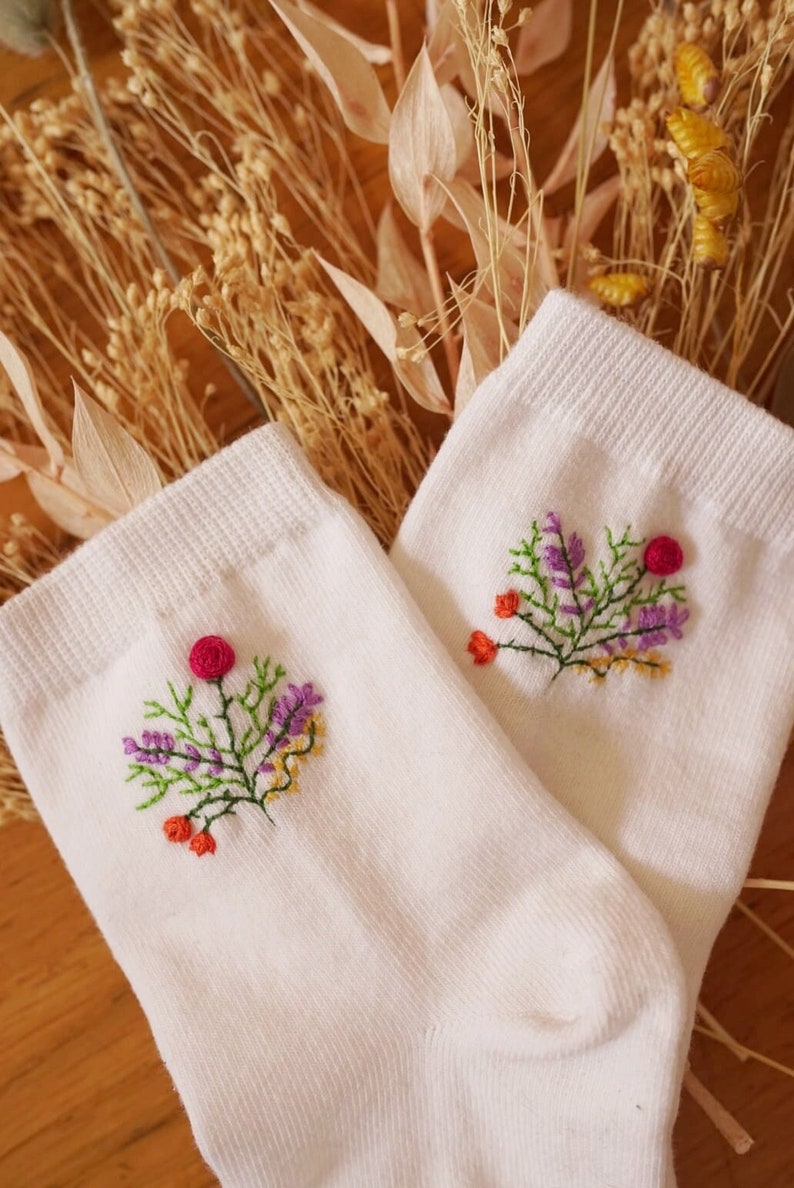 Embroidered socks Handmade Spring socks Flowers Gift idea Birthday present image 1