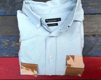 Men's casual shirt / XXL/ Blue/ Camo panels / Long sleeve/ Button up with / XXL / Lee Cooper / Unisex/ Upcycled/ Oversized
