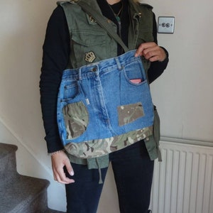 Einkaufstasche / Shopping / Träger / Tasche für das Leben / Camo / Denim / Upcycled / Patches / Urban / stark / Hipster / Festival / Eco-Friendly