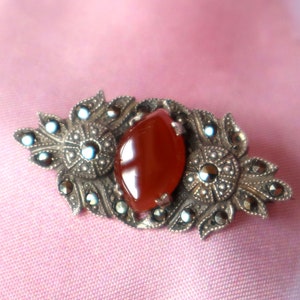 Antique Sterling Silver Brooch Marcasite Orange Carnelian 1930s Art Deco Art Nouveau Safety Clasp