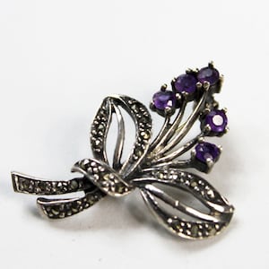 Sterling Silver Amethyst Bouquet Brooch Marcasite Stones Vintage 4.7g