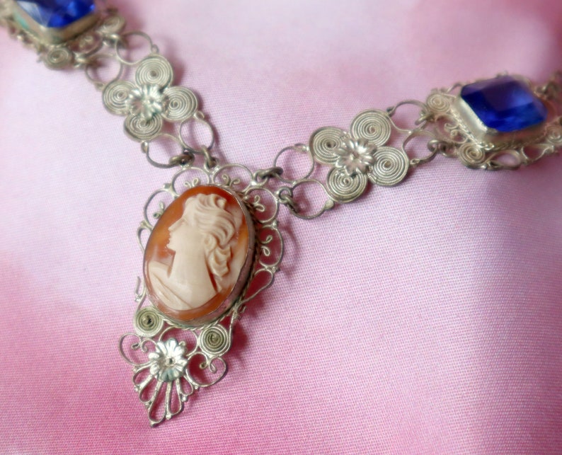 Antique Victorian European Cameo Necklace 800 Silver Blue Glass Stones Real Carved Shell Cameo