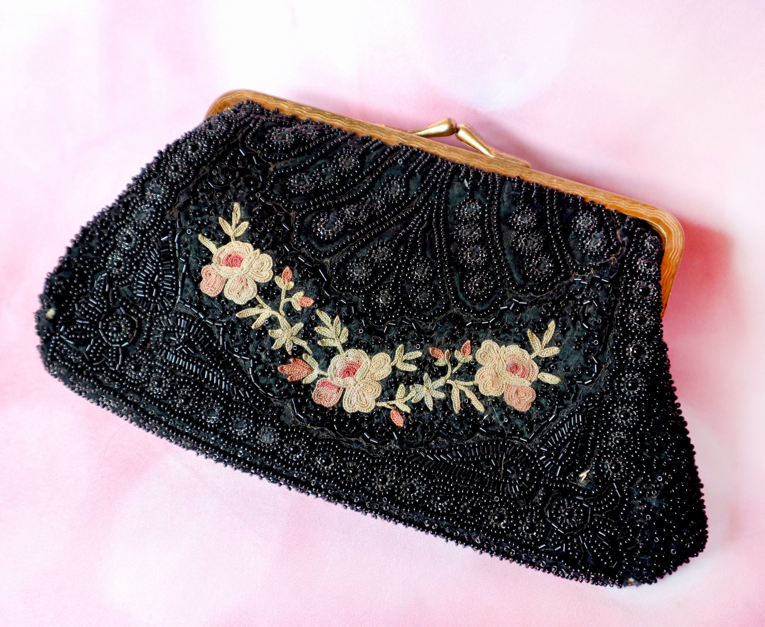 Vintage Handmade Beaded Bag Purse French? Floral Rose Print Cream Pink