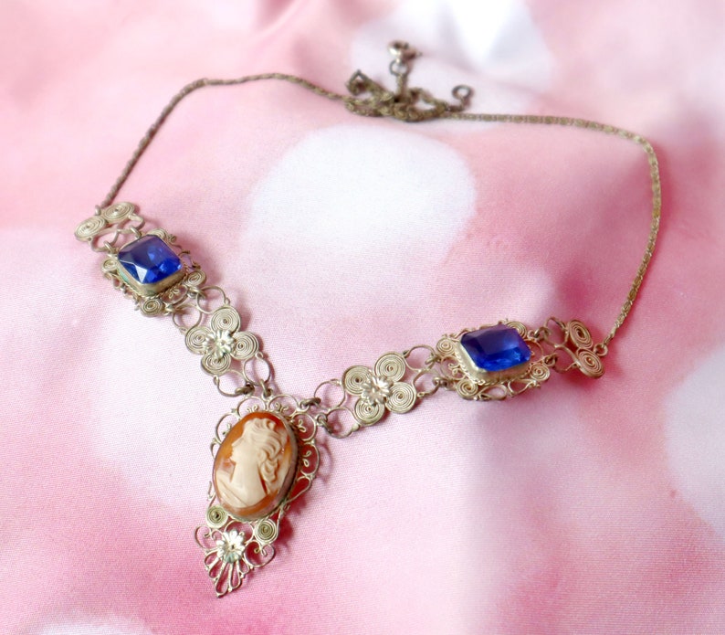 Antique Victorian European Cameo Necklace 800 Silver Blue Glass Stones Real Carved Shell Cameo