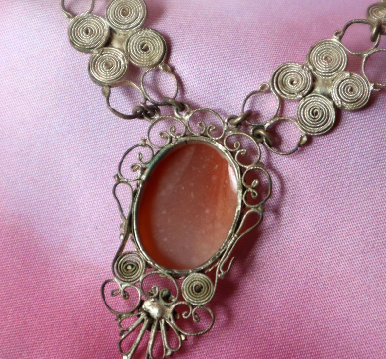 Antique Victorian European Cameo Necklace 800 Silver Blue Glass Stones Real Carved Shell Cameo