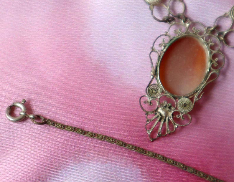Antique Victorian European Cameo Necklace 800 Silver Blue Glass Stones Real Carved Shell Cameo